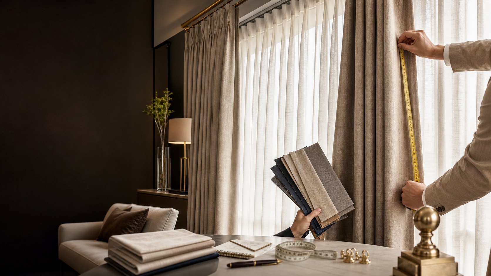 Curtain consultant presenting premium fabric samples